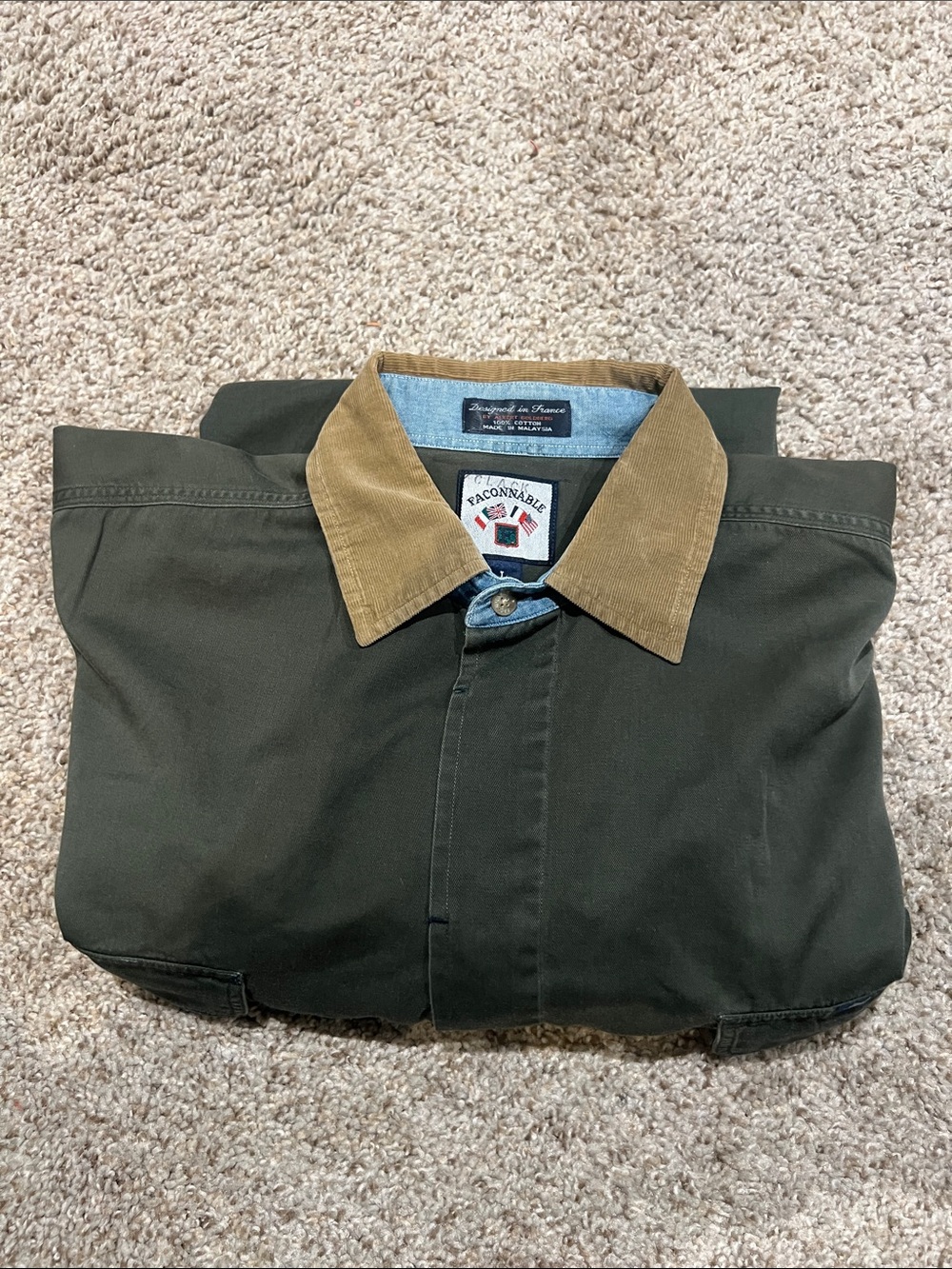 Faconnable Olive Green Field Jacket with Tan Corduroy Collar